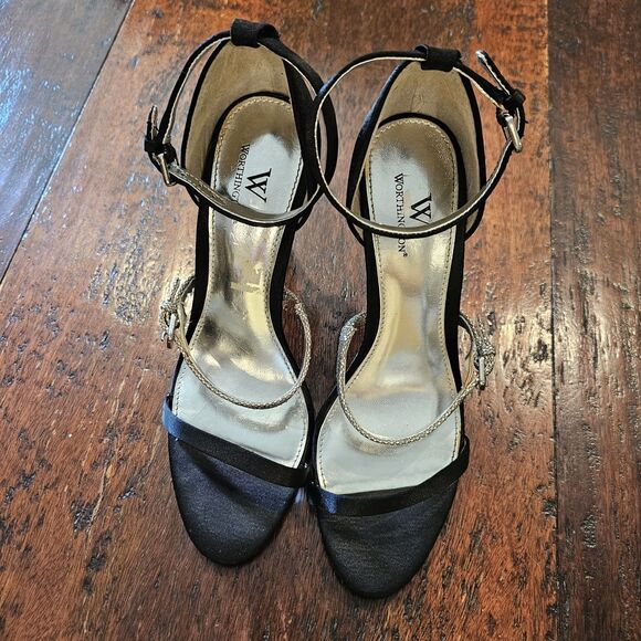 Black Ankle-Strap Stiletto Heels Size 7 Glitter Evening Party Pumps - Picture 3 of 6